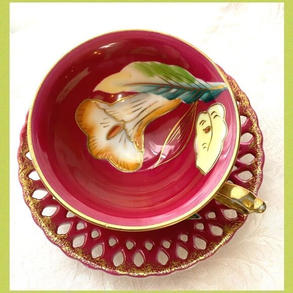Antique Saji Double reticulated Japanese cup and saucer vivid floral fine China - Picture 4 of 10